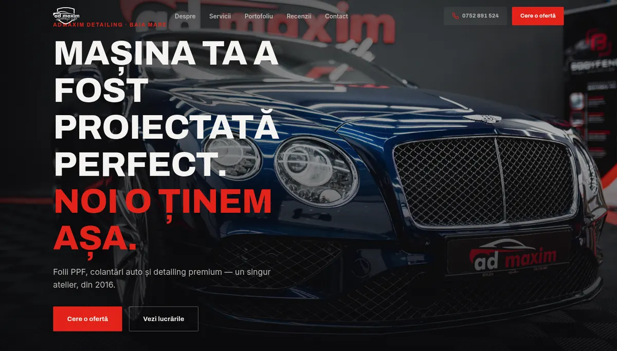 Homepage screenshot on desktop: ADMaxim Detailing, Baia Mare