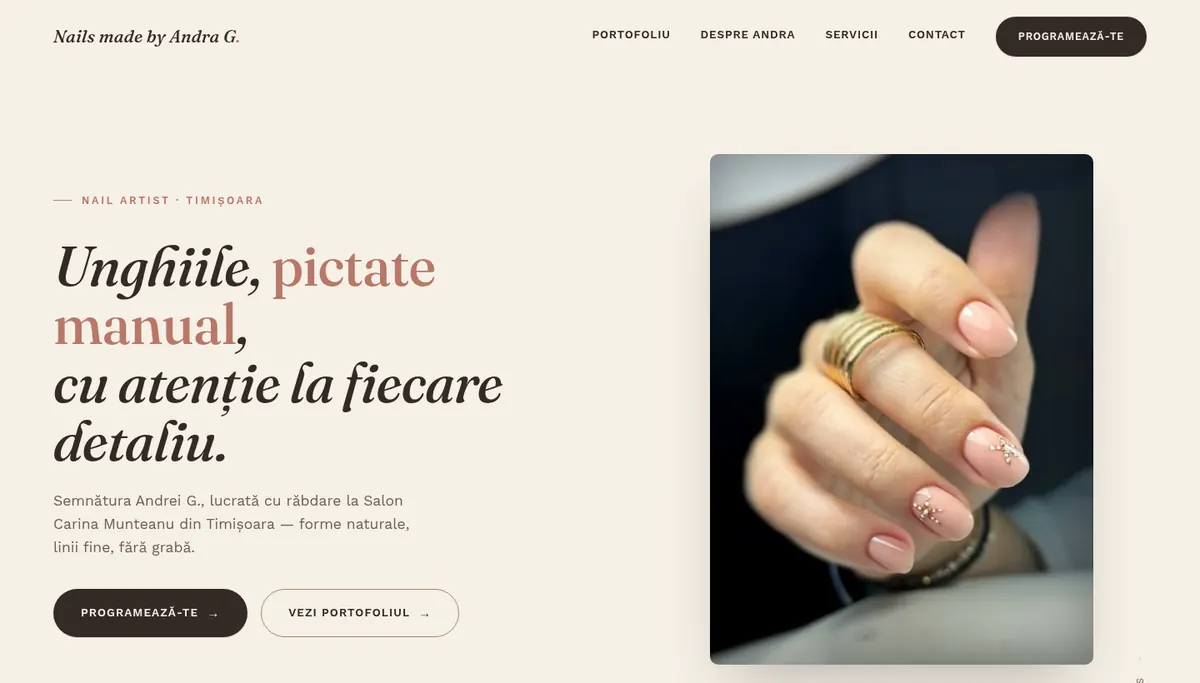Homepage screenshot on desktop: Nails made by Andra G., Timișoara