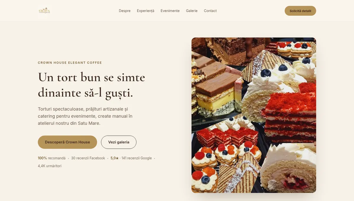 Homepage screenshot on desktop: Crown House Elegant Coffee, Satu Mare