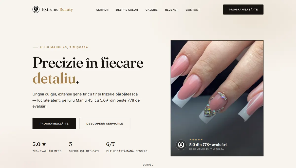 Homepage screenshot on desktop: Extreme Beauty, Timișoara