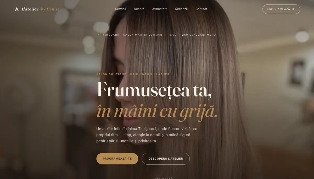 Homepage screenshot on desktop: L'Atelier by Denise, Timișoara