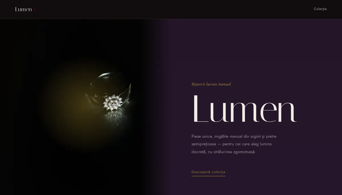 Homepage screenshot on desktop: Lumen, handmade jewellery