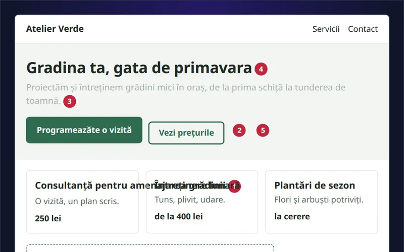 Pagina demonstrativă Atelier Verde, cu problemele marcate
